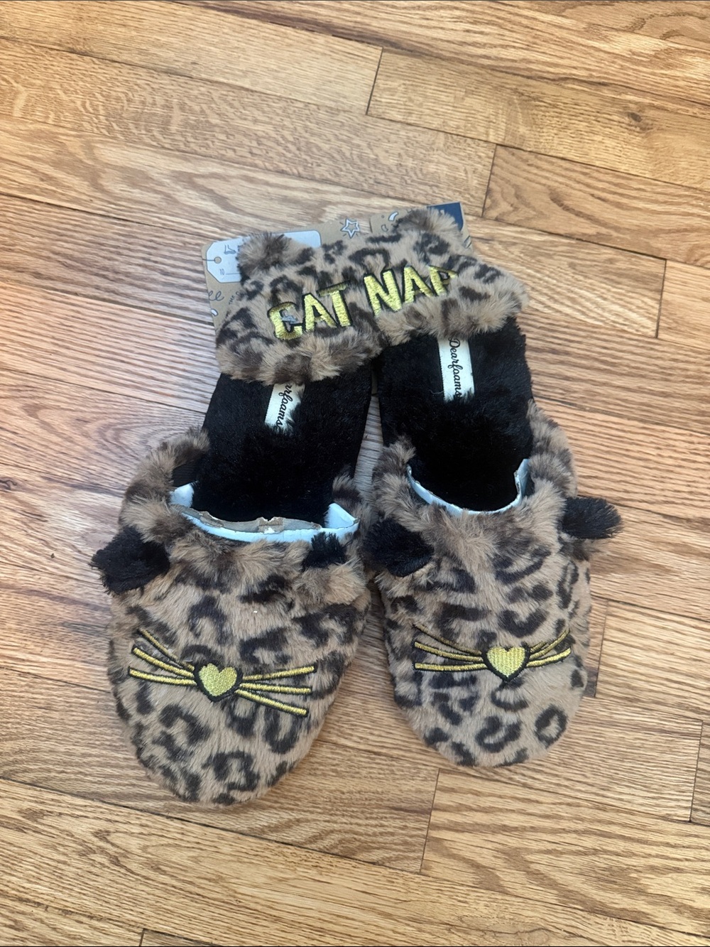 Women’s Leopard Print Faux-Fur Slippers with Cat Face - Brown